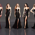 Multiple Women Wearing Black Sequin Evening Gowns With High Slit Design Against Gray Background