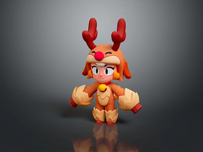 Cute Cartoon Style Game Movie Character With Red Antlers Red Nose Brown Body And Yellow Decoration 3d model