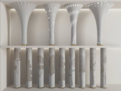 Modern Decorative Columns With Perforated Details And Sculptural Shapes Arranged On Layered Shelves 3d model