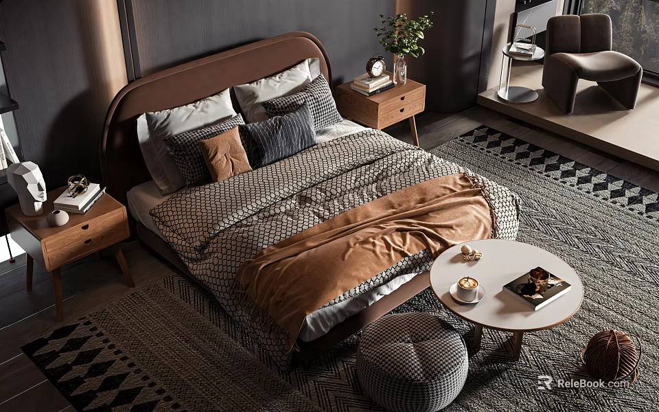 Modern Double Bed With Brown Headboard Plaid Bedding Pillows And Geometric Rug 3d model 