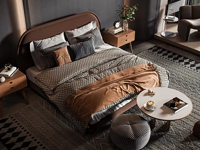 Modern Double Bed With Brown Headboard Plaid Bedding Pillows And Geometric Rug 3d model