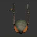 Mechanical Spherical Weapon With Green Orange Surface And Metal Structural Parts