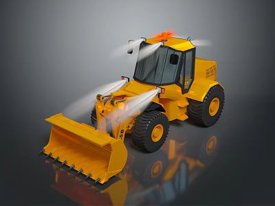 Yellow Utility Vehicle With Snow Plow Blade Large Tires Warning Lights And Reflective Surface 3d model