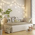 Cozy Kids Bed With Cartoon Cushions Home Sign Cloud Moon Decorations String Lights And Toys