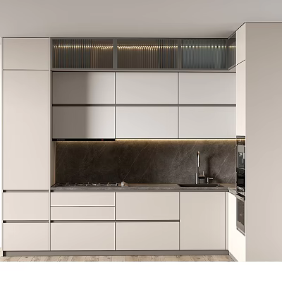 Modern Kitchen Interior Design With White Cabinets Dark Countertop And Lighting 3d model
