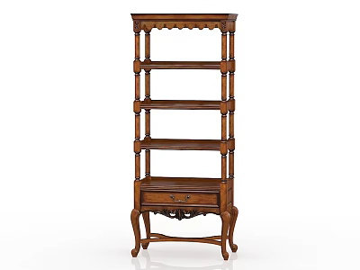 Traditional Wooden Tall Shelf With Multiple Shelves And Bottom Drawer 3d model