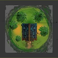 Fairy Tale Style Cottage With Blue Roof Red Brick Walls Wooden Beams Pine Trees And Clouds
