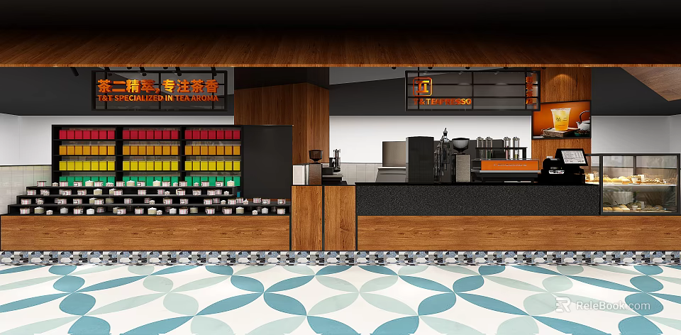Modern Bubble Tea Shop Interior With Wooden Counter Colorful Display Shelves And Brewing Equipment 3d model 