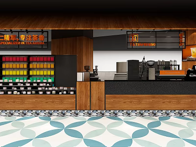 Modern Bubble Tea Shop Interior With Wooden Counter Colorful Display Shelves And Brewing Equipment 3d model