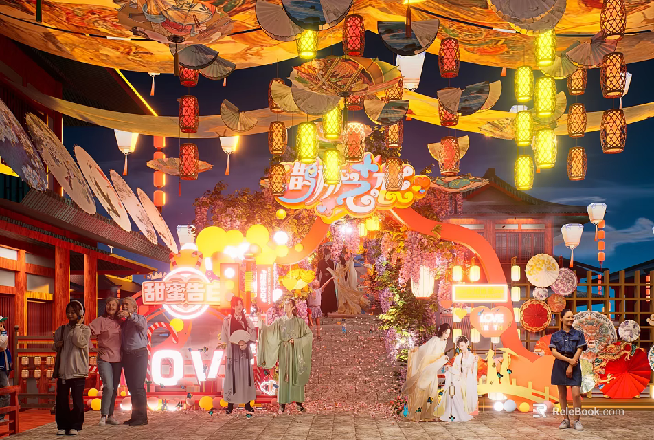 Tang Style Photo Check-in Spot With Lanterns Ancient Architecture And Traditional Costumes Vibrant Lighting Decorations 3d model 