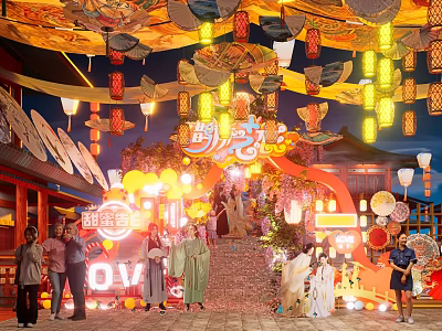 Tang Style Photo Check-in Spot With Lanterns Ancient Architecture And Traditional Costumes Vibrant Lighting Decorations 3d model