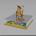 Miniature Scene Model With Wooden Tower Red Roof Blue White Flag Snowy Yellow Ground Stones Plants