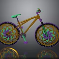 Colorful Decorative Bicycle With Orange Frame Green Seat And Floral Patterned Purple Wheels