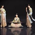 Three Women In Traditional Chinese Clothing Playing Guzheng And Standing In Ancient Style
