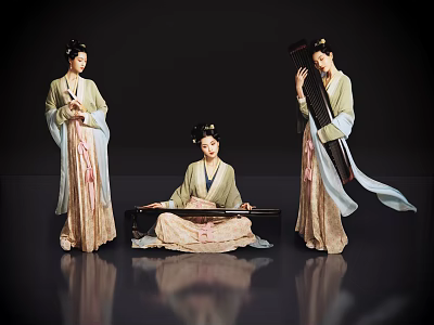 Three Women In Traditional Chinese Clothing Playing Guzheng And Standing In Ancient Style 3d model