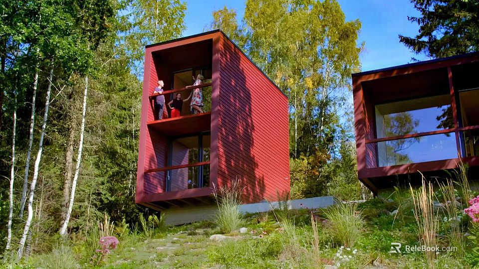Red Cube Shaped Guesthouse Building Nestled in Forest with Balcony and Greenery 3d model 