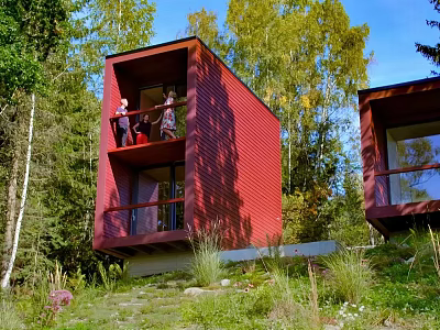Red Cube Shaped Guesthouse Building Nestled in Forest with Balcony and Greenery 3d model