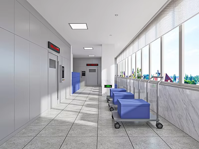 Hospital Corridor With Gray Walls White Tiled Floor Multiple Windows Blue Carts And Digital Displays 3d model