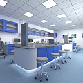 Modern Laboratory Interior With Blue Cabinets White Countertops Lab Benches Stools And Bright Equipment