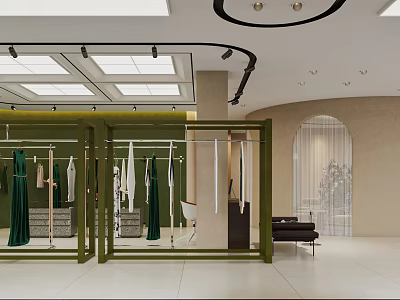 Modern Clothing Store Interior With Green Racks Hanging Garments Arched Design And Comfortable Seating Area 3d model