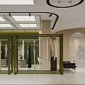 Modern Clothing Store Interior With Green Racks Hanging Garments Arched Design And Comfortable Seating Area