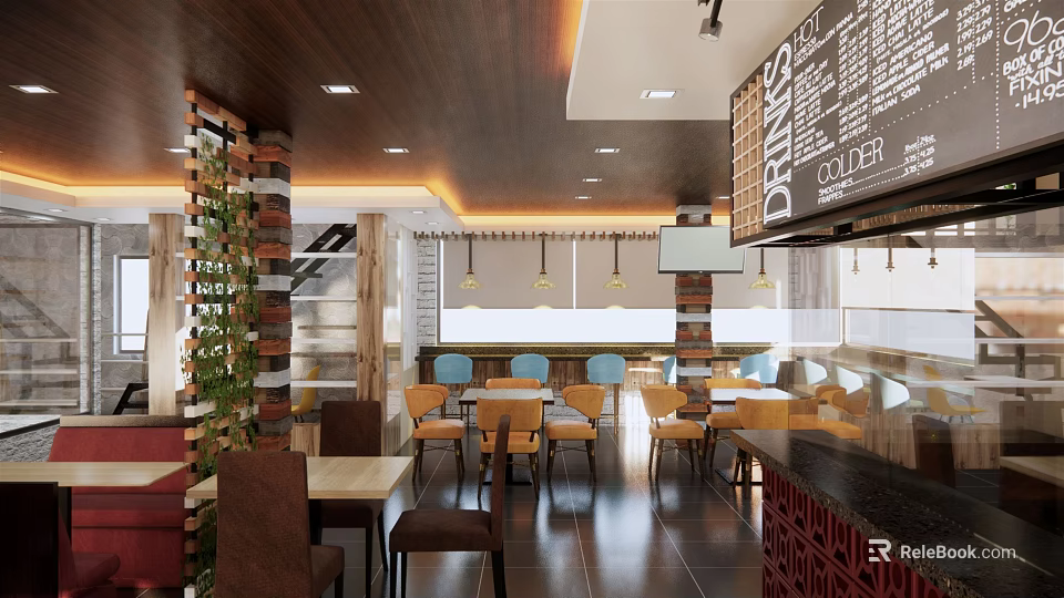 Modern Café Interior Design With Tables Chairs Menu Board Warm Lighting And Decorative Plants 3d model 