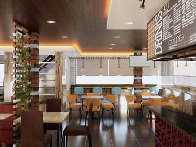 Modern Café Interior Design With Tables Chairs Menu Board Warm Lighting And Decorative Plants 3d model