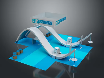 BI FACTORY Exhibition Booth Design With Blue White Curved Structure And Display Elements 3d model