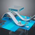 BI FACTORY Exhibition Booth Design With Blue White Curved Structure And Display Elements 3d model
