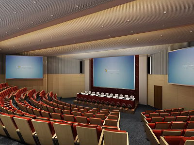 Modern Large Conference Room with Auditorium Style Red Seats Podium And Display Screens 3d model