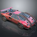 Worn Red Modified Cyberpunk Style Sports Car Featuring Spoiler And Unique Exterior