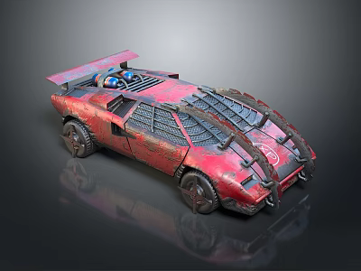 Worn Red Modified Cyberpunk Style Sports Car Featuring Spoiler And Unique Exterior 3d model