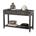 Dark Wood Functional Console Table With Brass Accents Drawers And Decorative Bowls