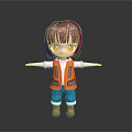 3D Cartoon Girl With Short Brown Hair Orange Safety Vest Blue Pants Arms Outstretched Gray Background