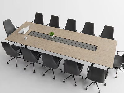 Modern Long Wooden Conference Table With Central Strip Black Office Chairs And Small Potted Plant 3d model