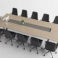 Modern Long Wooden Conference Table With Central Strip Black Office Chairs And Small Potted Plant