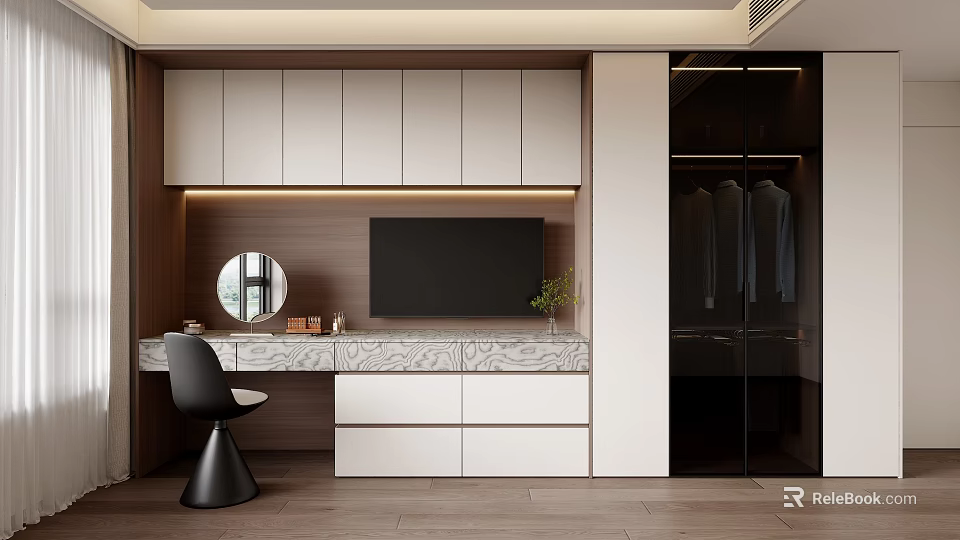 Modern Wardrobe With Glass Doors Hanging Clothes Dressing Table And Marble Countertop 3d model 
