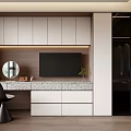 Modern Wardrobe With Glass Doors Hanging Clothes Dressing Table And Marble Countertop