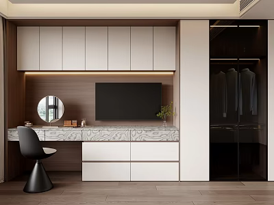 Modern Wardrobe With Glass Doors Hanging Clothes Dressing Table And Marble Countertop 3d model