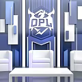 Modern Interactive Area With DPL Logo Blue White Geometric Design And White Chairs