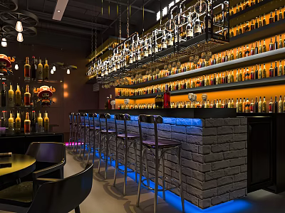 Contemporary Bar Interior With Brick Wall Bar Counter Stools And Illuminated Alcohol Bottle Shelves 3d model