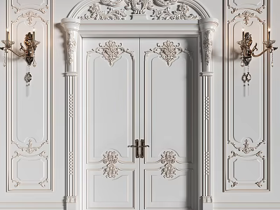 Classic Ornate Double Doors Design With Intricate Carvings Wall Sconces And Decorative Panels 3d model