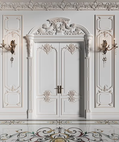 Classic Ornate Double Doors Design With Intricate Carvings Wall Sconces And Decorative Panels 3d model
