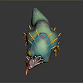 Game Movie Character Fantasy Monster With Blue Orange Yellow Spiked Horns Sharp Teeth Clawed Feet