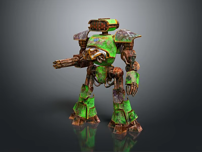 Green Rusty Robot Character Featuring Mechanical Structure And Weapon Arm 3d model