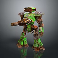 Green Rusty Robot Character Featuring Mechanical Structure And Weapon Arm 3d model