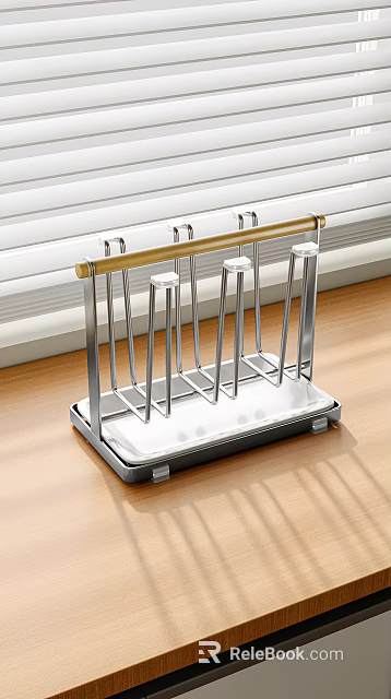 Stainless Steel Kitchen Decorative Storage Rack With Golden Rod And White Base On Wooden Countertop 3d model 