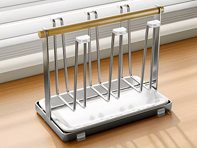 Stainless Steel Kitchen Decorative Storage Rack With Golden Rod And White Base On Wooden Countertop 3d model