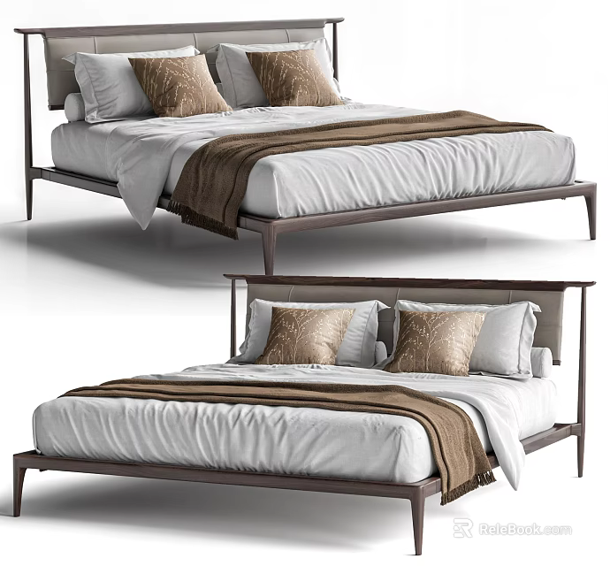 Modern Double Bed with Metal Frame White Sheets Brown Pillows and Blanket 3d model 