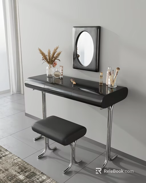 Modern Dressing Table With Black Stool Mirror Dried Flowers And Cosmetics 3d model